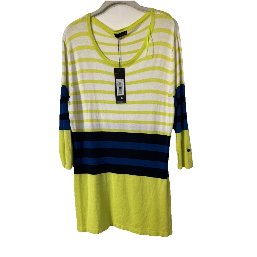 Renuar Women Knit 3/4 Sleeve Blue/White/Green Striped Sweater/Tunic sz L